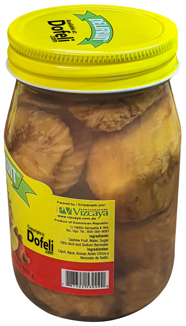 Delifruit cashew fruit dessert made in the Dominican Republic with rich syrup and nostalgic taste.